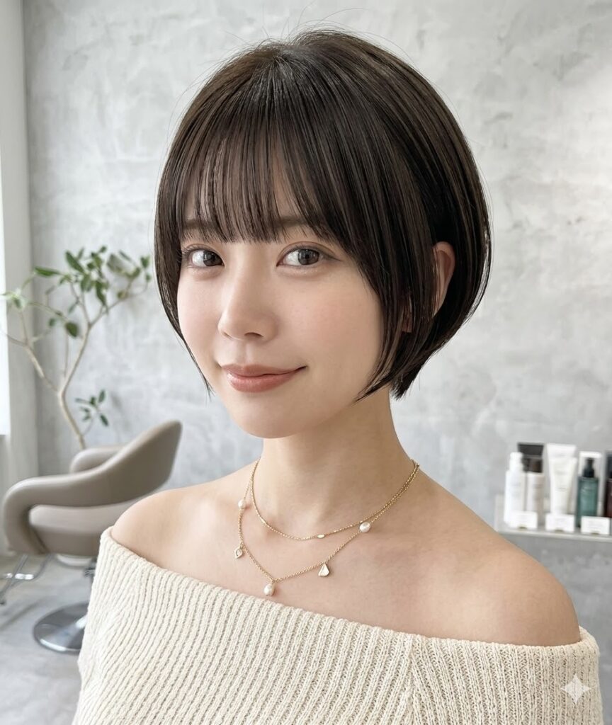 小顔丸みショートボブ×透明感暗髪グレージュで大人可愛いを作る